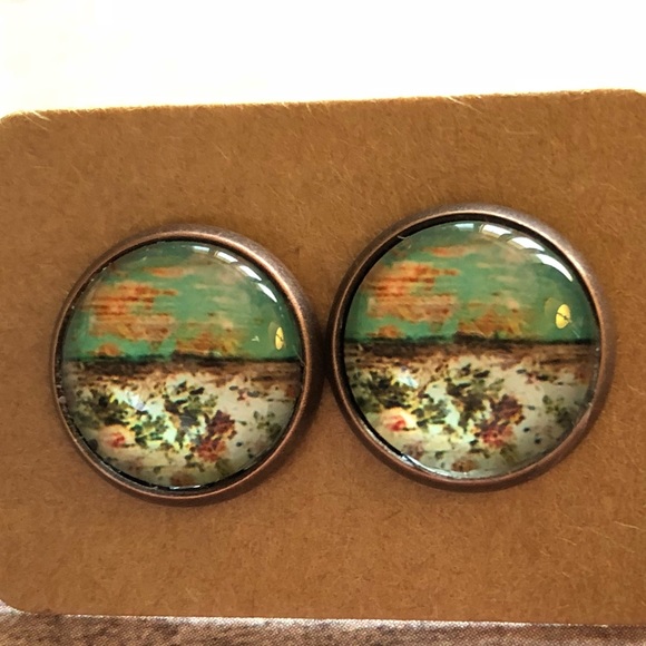 Vintage Floral Print Glass Copper Stud Earrings! - Picture 2 of 6